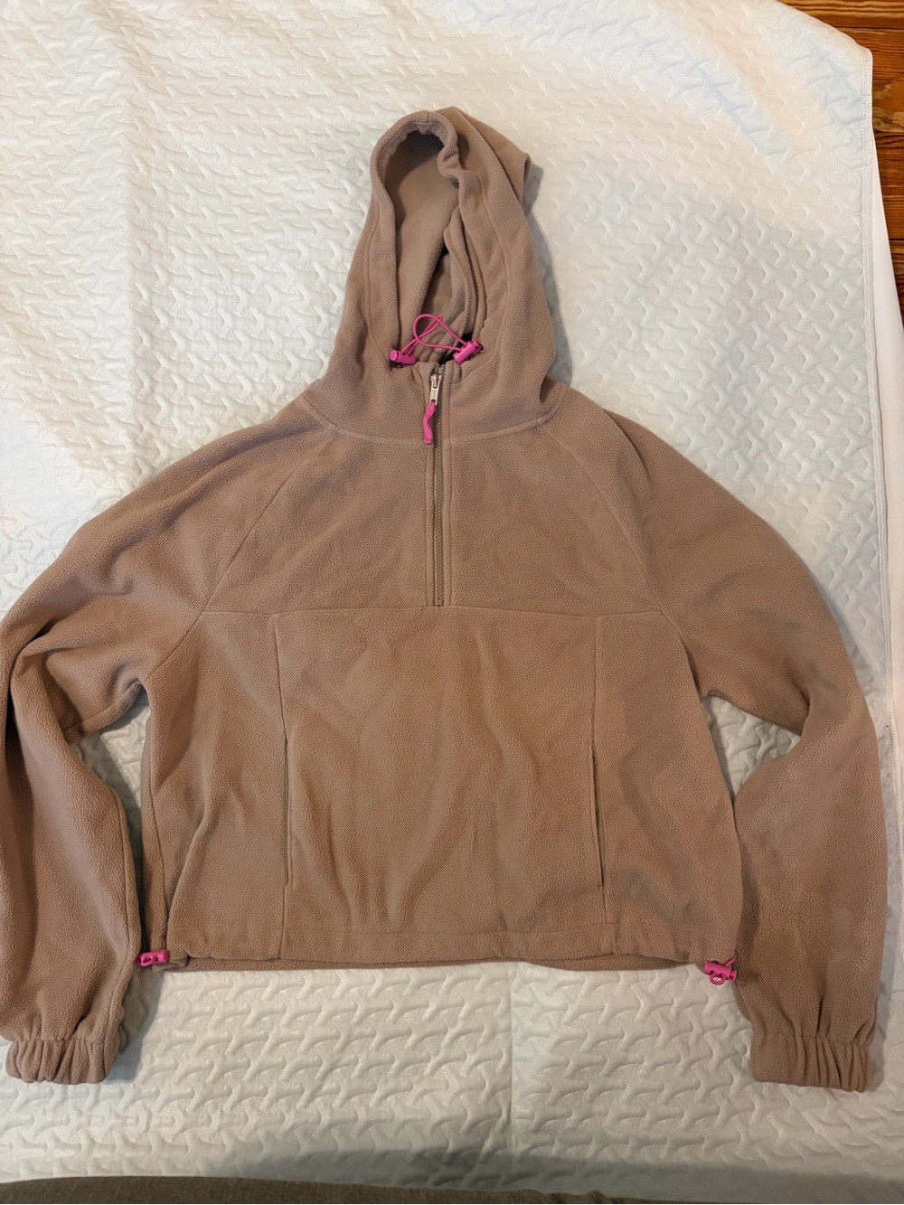 Taupe Hooded Half-Zip Pullover with Pink Accents
